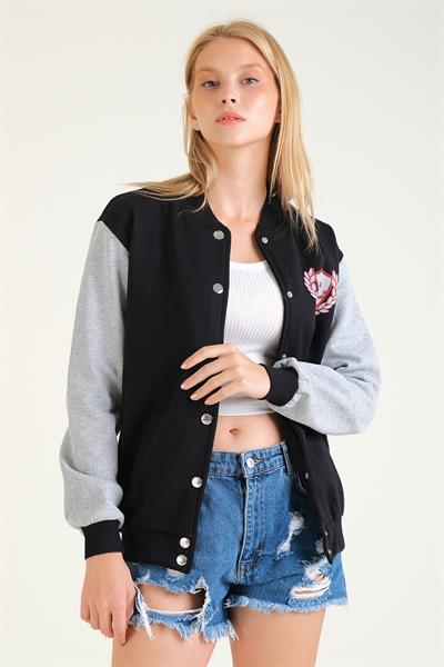 Kadın Çıtçıtlı Şardonlu Kolej Sweatshirt Siyah