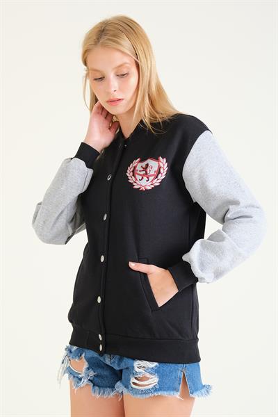 Kadın Çıtçıtlı Şardonlu Kolej Sweatshirt Siyah