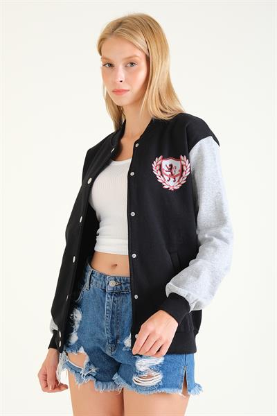Kadın Çıtçıtlı Şardonlu Kolej Sweatshirt Siyah