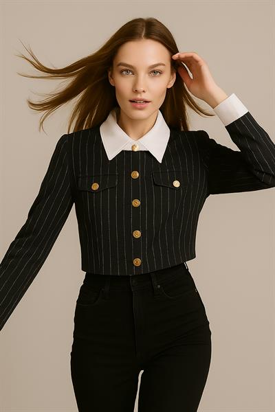 Kadın Çizgili Crop Ceket Siyah