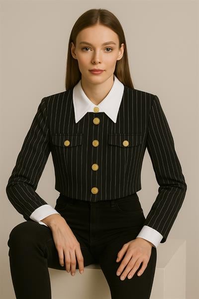 Kadın Çizgili Crop Ceket Siyah