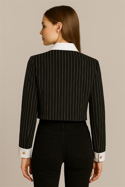 Kadın Çizgili Crop Ceket Siyah