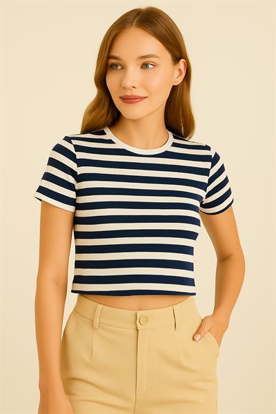 Kadın Çizgili Crop Tshirt Lacivert