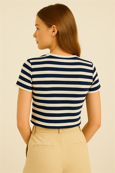Kadın Çizgili Crop Tshirt Lacivert