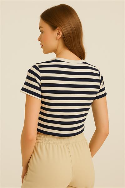 Kadın Çizgili Crop Tshirt Siyah