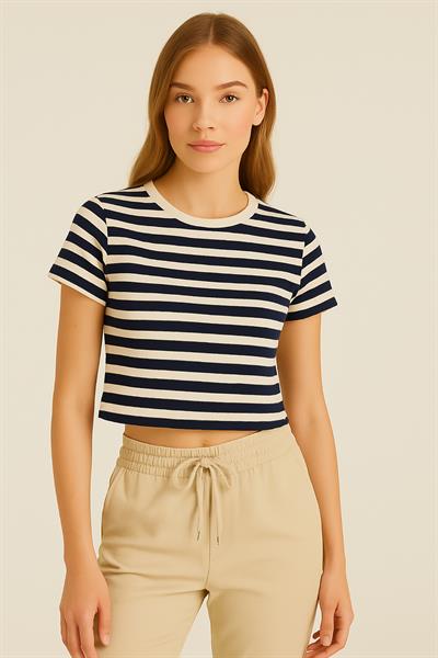 Kadın Çizgili Crop Tshirt Siyah