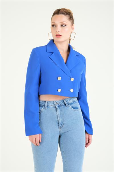 Kadın Crop Düğmeli Ceket Saks Mavi