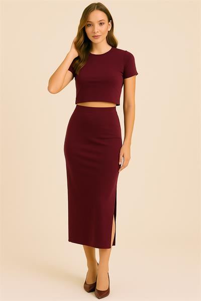 Kadın Crop Etek Takım Bordo