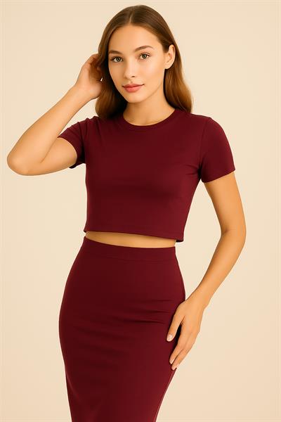 Kadın Crop Etek Takım Bordo