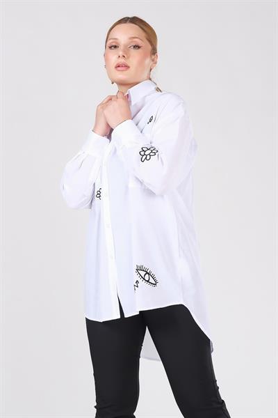Kadın İşlemeli Overize Gömlek Beyaz