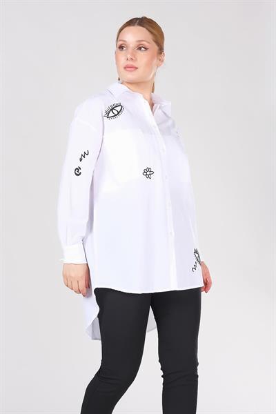 Kadın İşlemeli Overize Gömlek Beyaz