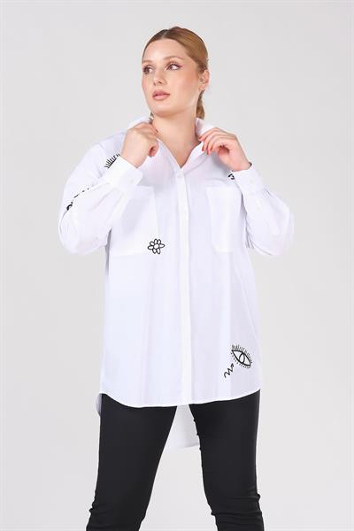 Kadın İşlemeli Overize Gömlek Beyaz