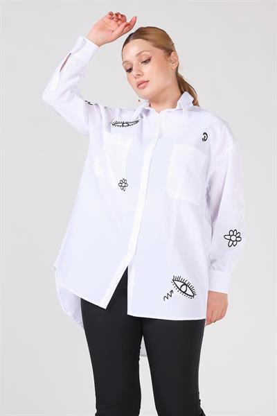 Kadın İşlemeli Overize Gömlek Beyaz