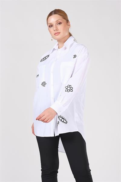 Kadın İşlemeli Overize Gömlek Beyaz