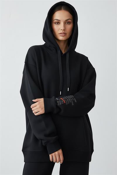 Kadın Jennifer Kapşonlu Kol Yazılı Üç İp Şardonlu Sweatshirt Siyah