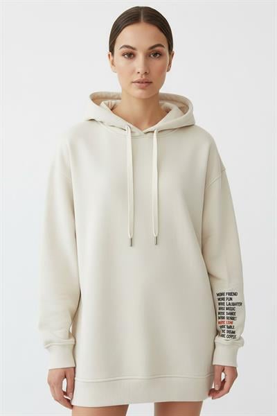 Kadın Jennifer Kapşonlu Kol Yazılı Üç İp Şardonlu Sweatshirt Ekru