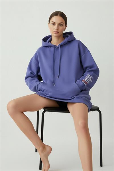 Kadın Jennifer Kapşonlu Kol Yazılı Üç İp Şardonlu Sweatshirt Mor 
