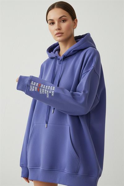 Kadın Jennifer Kapşonlu Kol Yazılı Üç İp Şardonlu Sweatshirt Mor 