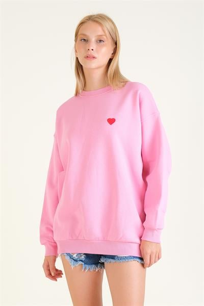 Kadın Kalp Nakışlı 3 İp Şardonlu Oversize Sweatshirt Pembe