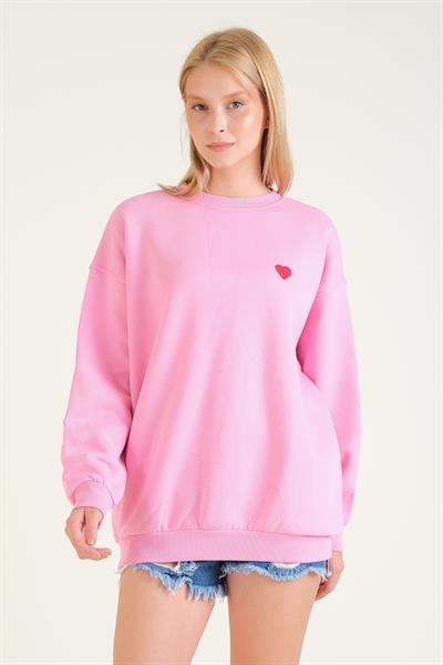 Kadın Kalp Nakışlı 3 İp Şardonlu Oversize Sweatshirt Pembe