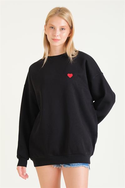 Kadın Kalp Nakışlı 3 İp Şardonlu Oversize Sweatshirt Siyah