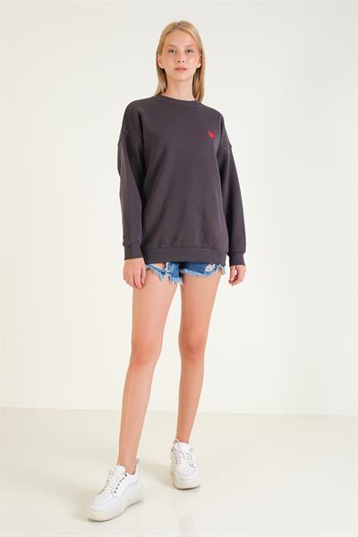 Kadın Kalp Nakışlı 3 İp Şardonlu Oversize Sweatshirt Füme