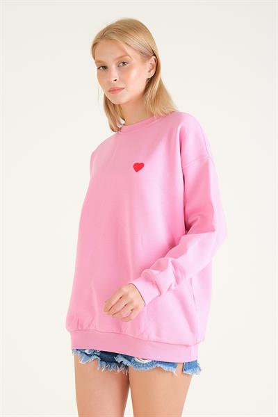 Kadın Kalp Nakışlı 3 İp Şardonlu Oversize Sweatshirt Pembe