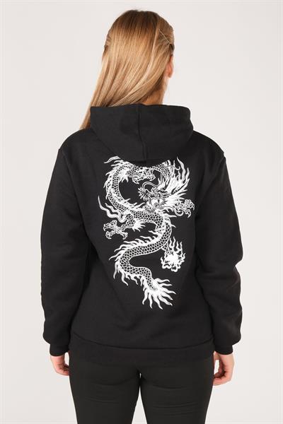 Kadın Kanguru Cep Kapüşonlu Sırt Baskılı Sweatshirt Siyah