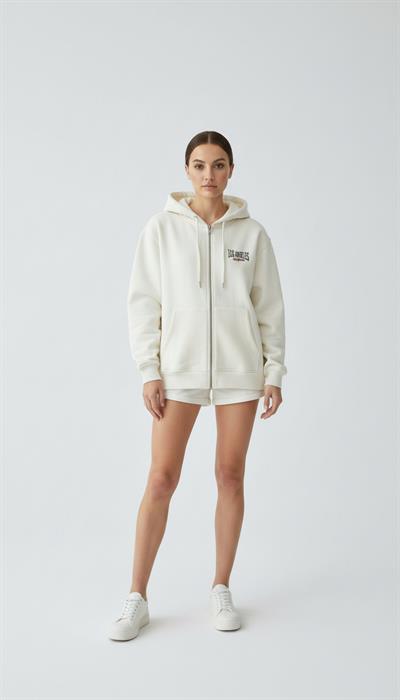 Kadın Kapşonlu Fermuarlı Üç İp Şardonlu Julia Sweatshirt Ekru