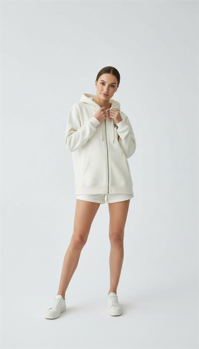 Kadın Kapşonlu Fermuarlı Üç İp Şardonlu Julia Sweatshirt Ekru