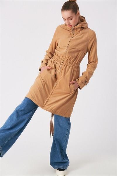 Kadın Kapüşonlu Fermuarlı Trençkot Camel