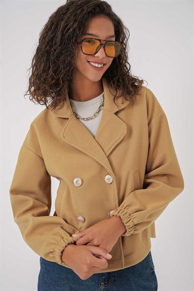 Kadın Kaşe Crop Ceket Camel