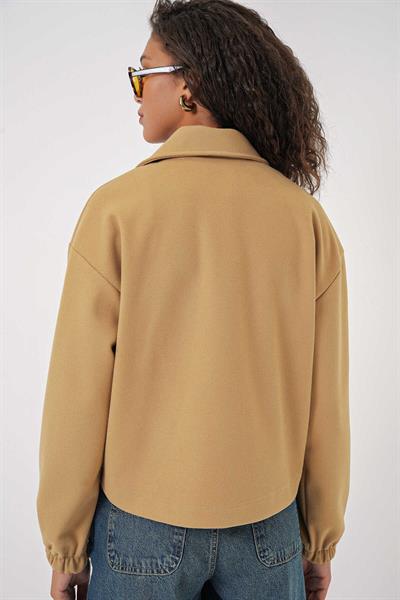 Kadın Kaşe Crop Ceket Camel