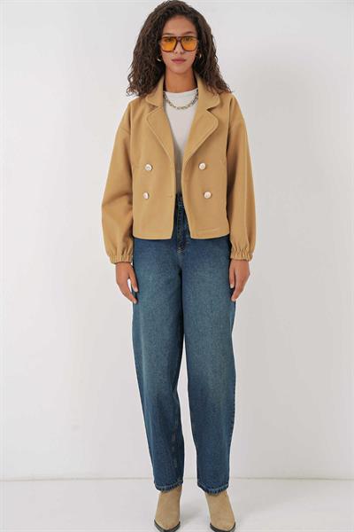 Kadın Kaşe Crop Ceket Camel