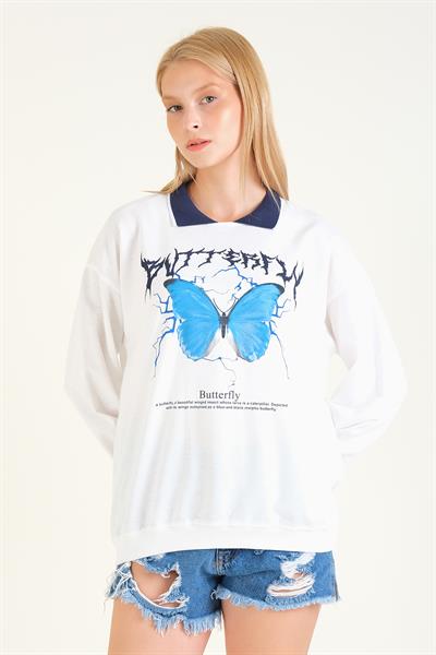 Kadın Kelebek Baskılı Polo Yaka Sweatshirt Lacivert