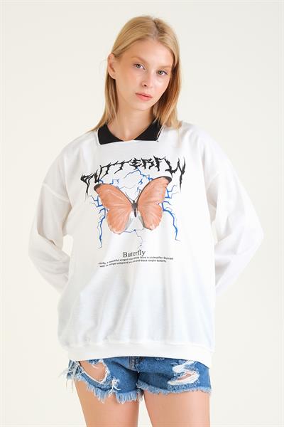 Kadın Kelebek Baskılı Polo Yaka Sweatshirt Siyah