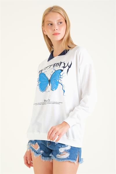 Kadın Kelebek Baskılı Polo Yaka Sweatshirt Lacivert