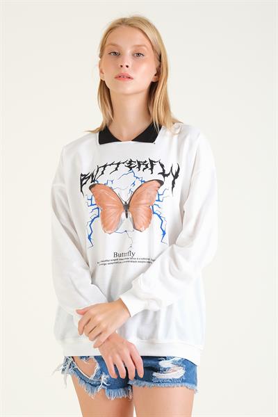 Kadın Kelebek Baskılı Polo Yaka Sweatshirt Siyah
