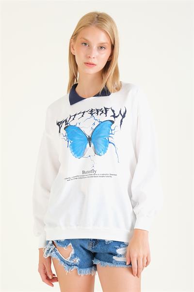 Kadın Kelebek Baskılı Polo Yaka Sweatshirt Lacivert