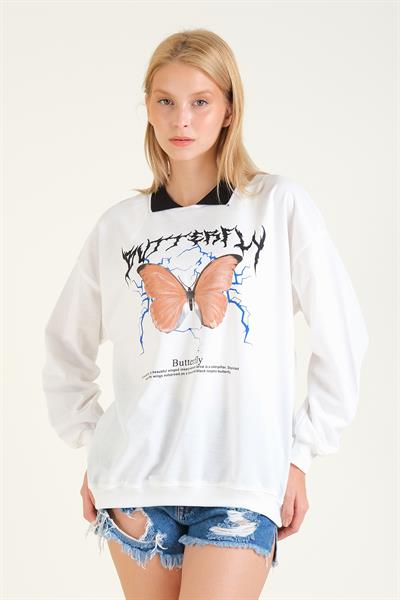 Kadın Kelebek Baskılı Polo Yaka Sweatshirt Siyah