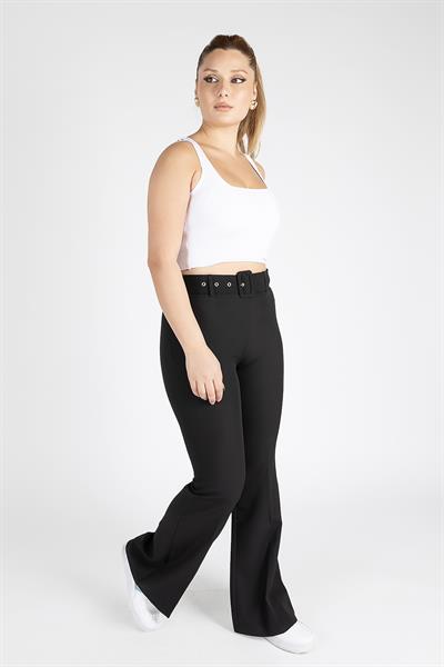 Kadın Kemerli İspanyol Paça Pantolon Siyah 