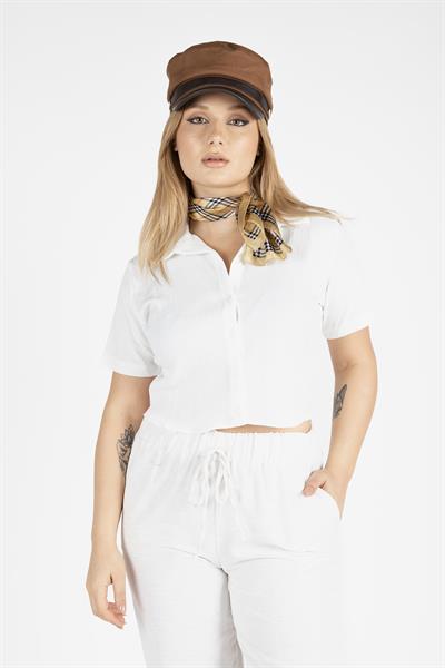 Kadın Kısa Kol Crop Gömlek Ekru