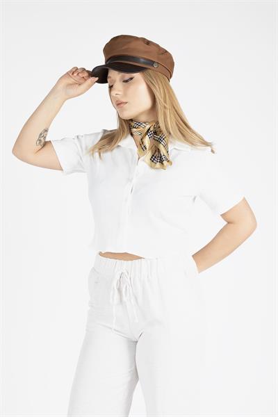 Kadın Kısa Kol Crop Gömlek Ekru
