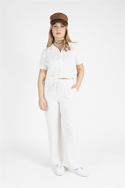 Kadın Kısa Kol Crop Gömlek Ekru