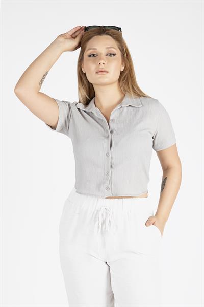 Kadın Kısa Kol Crop Gömlek Gri
