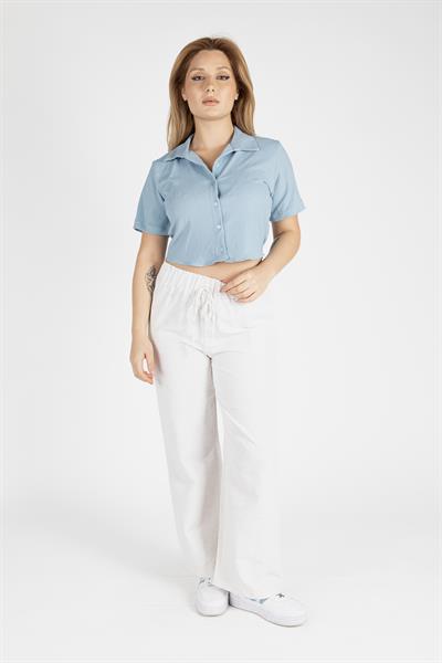Kadın Kısa Kol Crop Gömlek Mavi