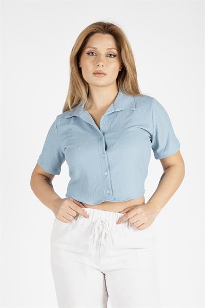 Kadın Kısa Kol Crop Gömlek Mavi