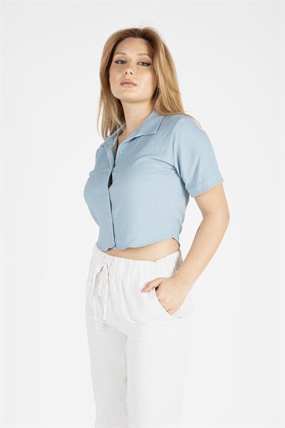 Kadın Kısa Kol Crop Gömlek Mavi