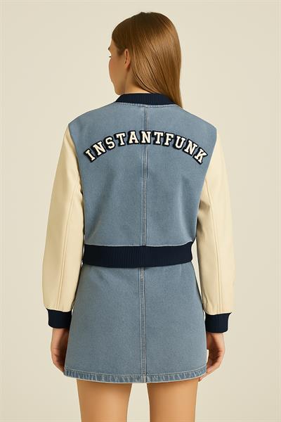 Kadın Kol Deri Kot Ceket Mavi