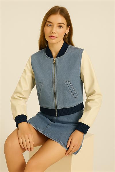 Kadın Kol Deri Kot Ceket Mavi